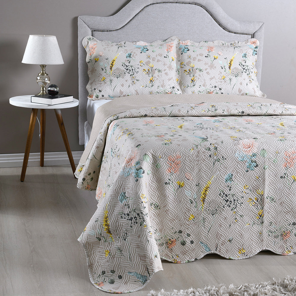 Kit Cobre Leito Colcha Queen 3 Peças Boutis Estampada Dupla Face Porta Travesseiro Aba Americana Cartagena Areia