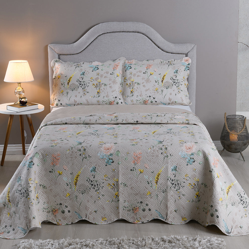 Kit Cobre Leito Colcha Queen 3 Peças Boutis Estampada Dupla Face Porta Travesseiro Aba Americana Cartagena Areia